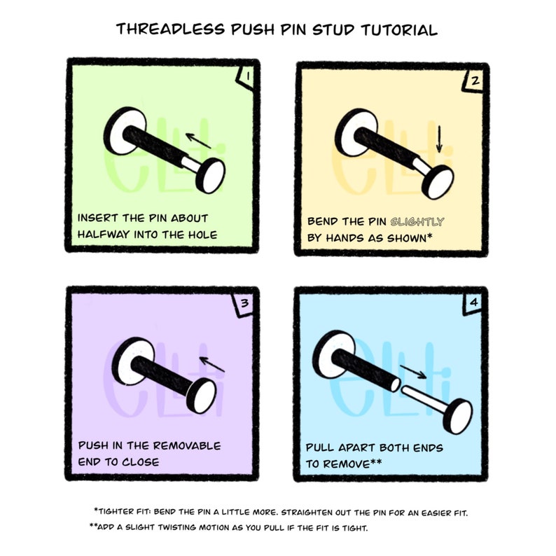May include: A step-by-step tutorial for a threadless push pin stud. The image shows four panels with instructions: inserting the pin, bending it, pushing the end to close, and pulling apart to remove. Text includes tips for a tighter fit.
