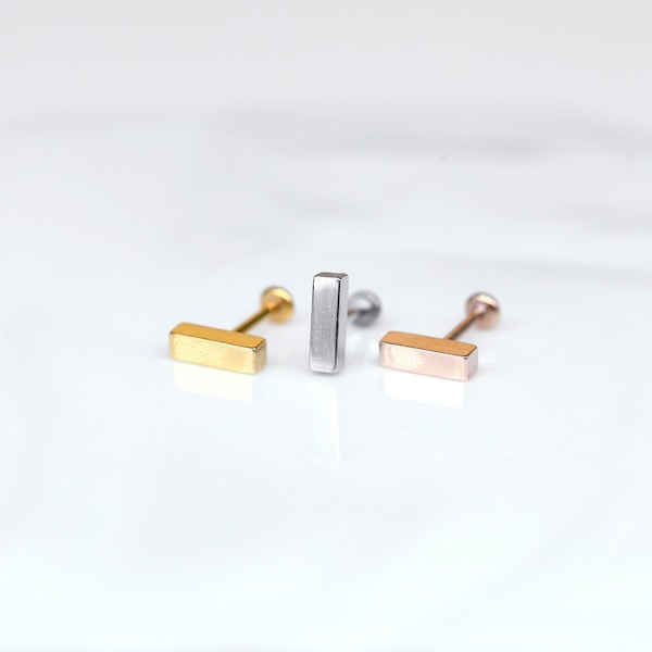 Small RECTANGLE Stud • Threadless Gold Earring 20G 18G 16G • Tragus Earrings • Cartilage/Conch/Forward Helix Flat back Stud • Push Pin Stud