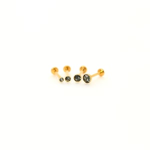 NEW! SMOKY CZ Threadless Gold Plated Steel Bezel Gem Earring - Nose/Tragus/Cartilage/Conch/Forward Helix Earrings - Push Pin Labret