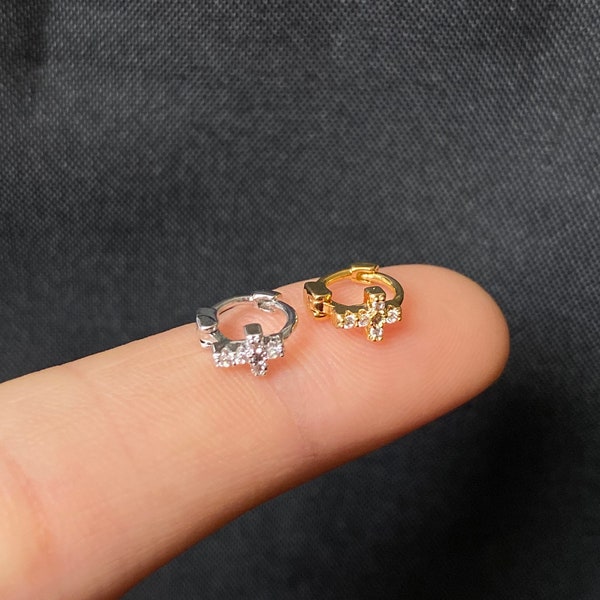 Cross 5.5 mm Huggies - Hoop Earring - Tiny Cross Clicker- Cartilage Tiny Huggies • super tiny clicker hoop • super tiny foward helix huggies