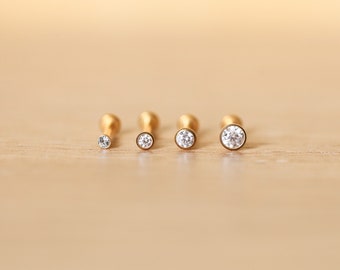 Threadless Implant Grade Gold TITANIUM Bezel CZ CLEAR Gem Piercing - Nose/Tragus/Cartilage/Conch/Forward Helix Piercing - Push Pin Piercing