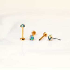 Threadless Gold Push Pin Flatback Dark Green Opal Tiny Earrings - Nose/Tragus/Cartilage/Conch/Forward Helix Labret Stud - Push Pin Stud