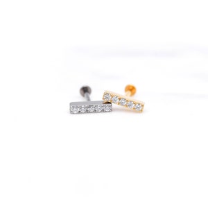 NEW! Titanium CZ Stone BAR Threadless Earring, Cartilage Earring, Conch Stud, Push Pin Piercing Stud, Flat-back Labret Stud