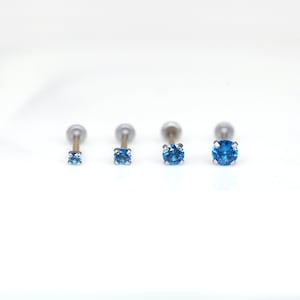 Thin 20G Threadless Prong CZ BLUE Gem Earrings, Tragus Stud, Cartilage Earring, Conch Forward Helix Jewelry, Cute Tiny Nose Push Pin Earring