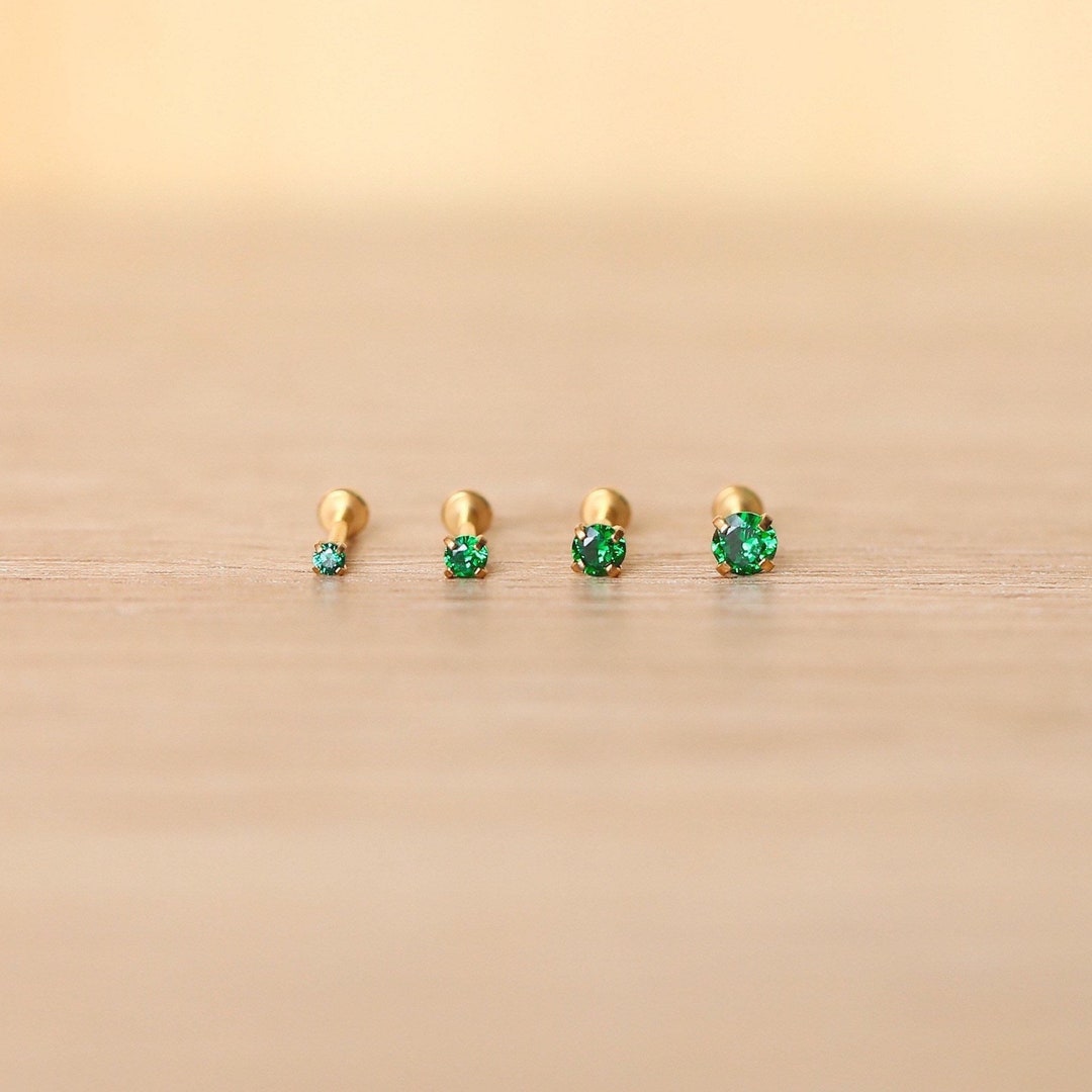 Threadless Gold Labret Stud CZ GREEN Gem Earring Etsy