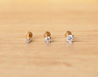 Threadless Implant Grade Gold TITANIUM Prong CZ CLEAR Gem Piercing - Nose/Tragus/Cartilage/Conch/Forward Helix Piercing - Push Pin Piercing