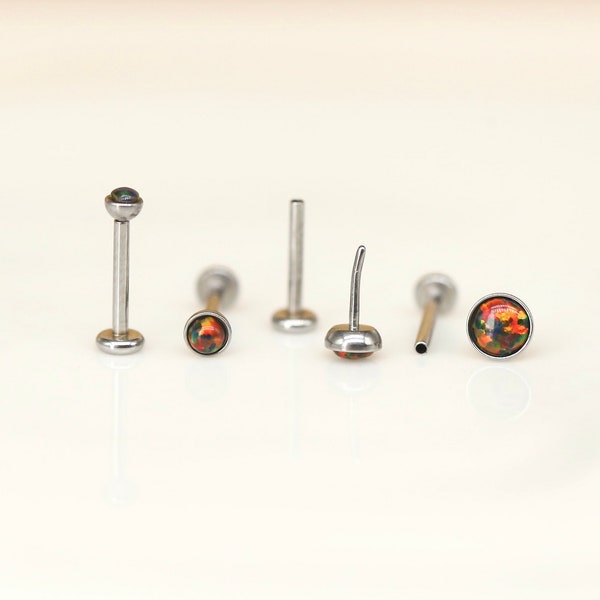 20G 18G 16G Threadless Push Pin FIRE BLACK Opal Labret Stud - Tragus/Cartilage/Conch/Forward Helix Earring - Push Pin Flatback - Nose Stud