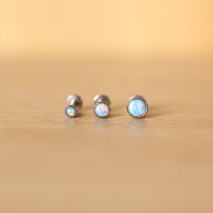 16G Tiny THREADED Bezel Light BLUE Opal 2mm 3mm 4mm Tragus/Helix/Cartilage/Conch Labret Stud - Flatback stud • Screwback Threaded Nose Stud