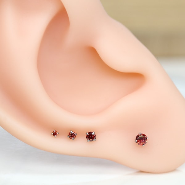 Tiny Threadless Labret Tragus Cartilage Conch Forward Helix Stud • Garnet RED Earring - 20G Push pin Flatback  • Nose lip ear gem thin small