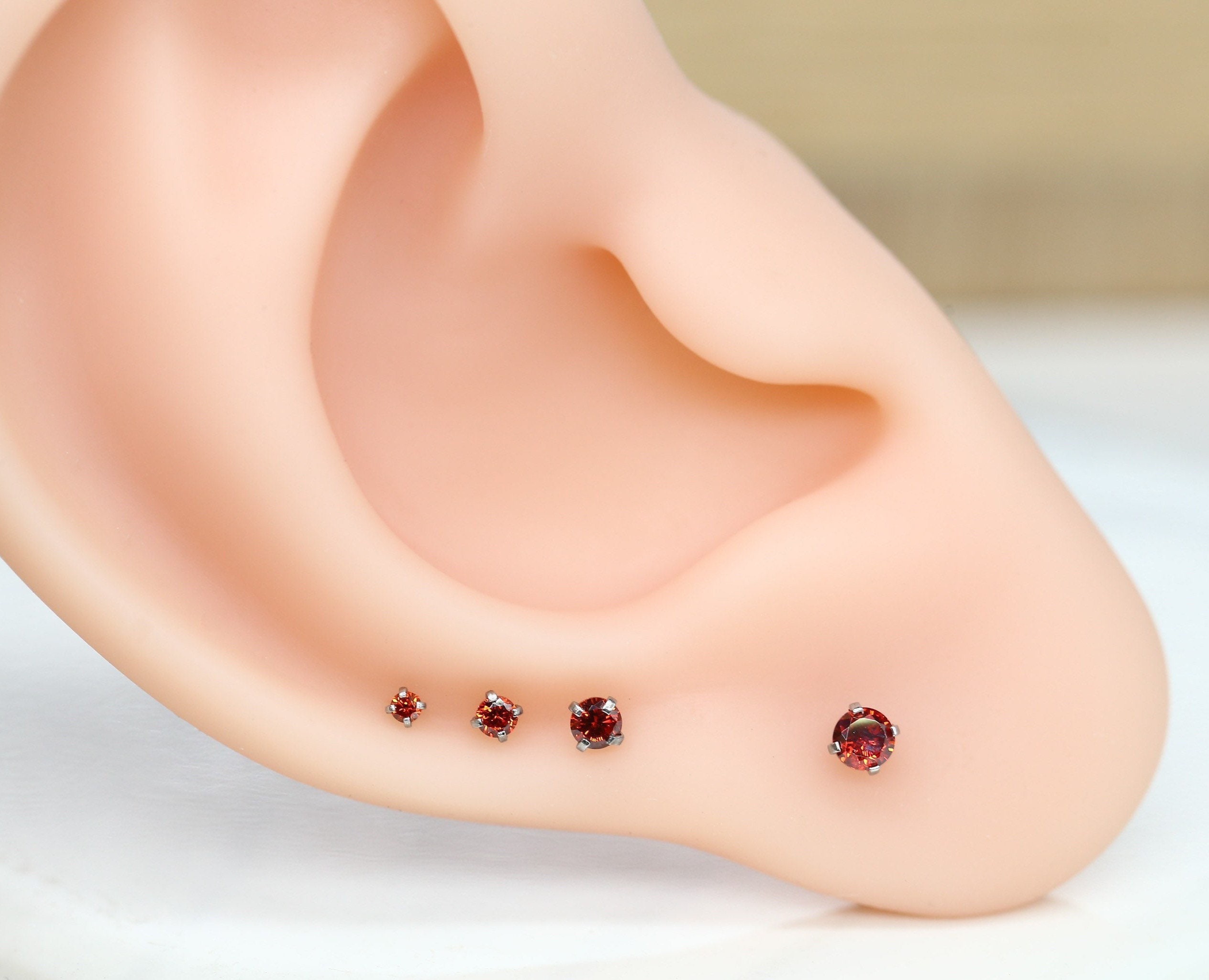 Tiny Threadless Labret Tragus Cartilage Conch Forward Helix Stud • Garnet RED Earring - 20G Push pin Flatback  • Nose lip ear gem thin small