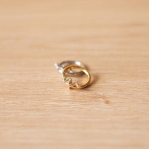 Op de afbeelding: Twee ringen die op elkaar gestapeld zijn. De bovenste ring is goud en heeft een slangenontwerp. De onderste ring is zilver.