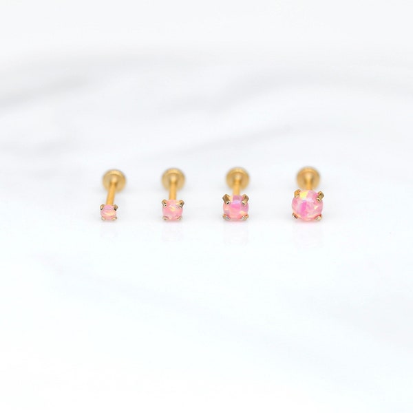 Threadless Gold Tiny PINK Tiny Labret Stud - Nose/Tragus/Cartilage/Conch/Forward Helix Earring - Tiny Opal Push Pin Flatback Labret Stud