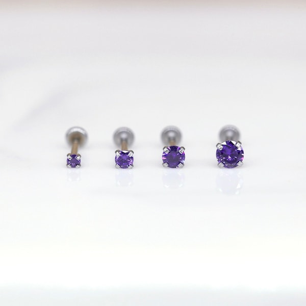 Threadless Stainless Steel Prong CZ VIOLET Gem Piercing • Tragus/Cartilage/Conch/Forward Helix Piercing - Nose Push Pin Piercing