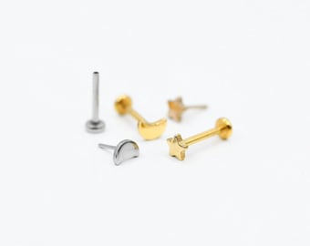 Tiny MOON STAR set schroefdraadloze roestvrijstalen oorbellen • Neusring • Tragus/kraakbeen/schelp/voorwaartse helix labret-stekker • Push pin platte achterkant