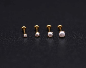 Tiny PEARL Threadless Gold Plated Stainless Steel Piercing - Tragus/Cartilage/Conch/Forward Helix Piercing - Nose Push Pin Piercing