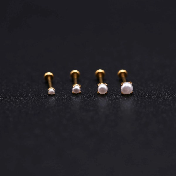 Tiny PEARL Trådlös Förgylld Piercing i Rostfritt Stål - Tragus/Brosk/Conch/Framåtriktad Helix Piercing - Näspiercing med Tryckknapp