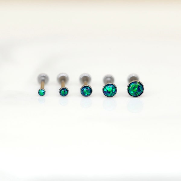 Flatback Earring Stainless Steel BEZEL Dark Green OPAL - Nose/Tragus/Cartilage/Conch/Forward Helix Piercing - Push Pin Piercing - Nose Ring