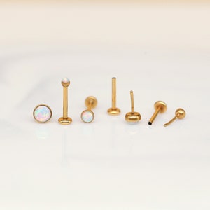 Tiny WHITE OPAL Labret Stud 20G 18G 16G Threadless Gold  - Tragus/Cartilage/Conch/Forward Helix Flatback Push Pin - Tragus Stud - Nose Stud