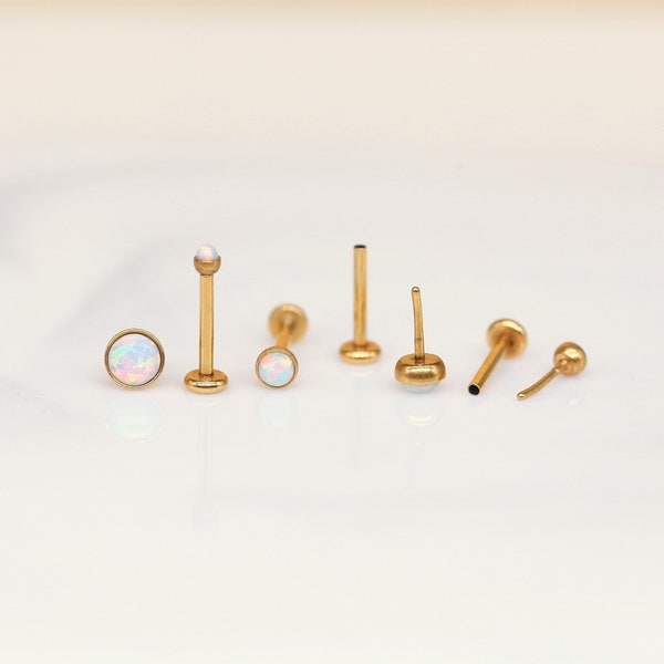 Tiny WHITE OPAL Labret Stud 20G 18G 16G Threadless Gold - Tragus/Cartilage/Conque/Forward Helix Flatback Push Pin - Tragus Stud - Nose Stud