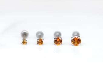 Threadless Labret Stud • Prong CZ AMBER Gem • Tiny Stud - Tragus/Cartilage/Conch/Forward Helix Earring - tiny Nose Push Pin Flatback