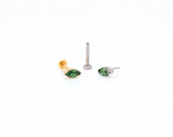Emerald Green Marquise TITANIUM Threadless Earrings • Nose Stud • Tragus Earrings • Cartilage Conch Forward Helix Earrings
