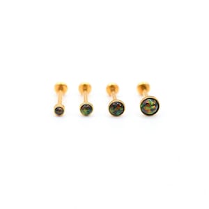 20G Threadless Thin FIRE BLACK Opal Labret Gold Plated - Tragus/Cartilage/Conch/Forward Helix Earring • Push Pin Earring • Nose Stud