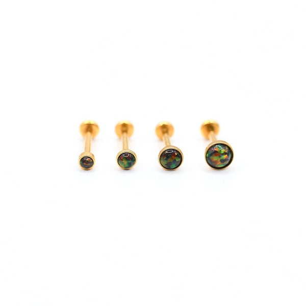 20G Threadless Thin FIRE BLACK Opal Labret Gold Plated - Tragus/Cartilage/Conch/Forward Helix Earring • Push Pin Earring • Nose Stud