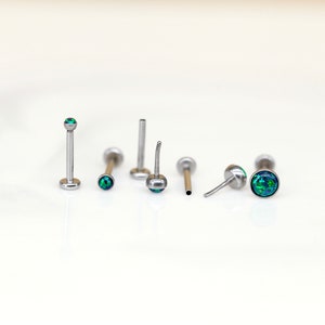 Threadless Flatback Push Pin Dark Green OPAL Labret Stud - Nose/Tragus/Cartilage/Conch/Forward Helix Earring - Push Pin Labret - Nose Ring