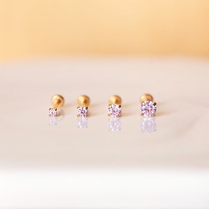 Threadless Stainless Steel Prong CZ Light PINK Gem Piercing - Tragus/Cartilage/Conch/Forward Helix Piercing - Nose Push Pin Piercing