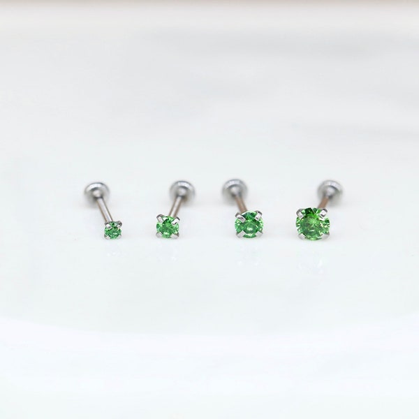 Tragus/Cartilage/Nose Piercing - Threadless Stainless Steel PRONG CZ GREEN Gem Piercing - Conch/Forward Helix Piercing - Tragus Earrings