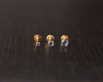 16G Gold Plated Screwback Labret Stud • Tiny DARK RAINBOW Gem 6 Tamaños Tragus/Helix/Cartilage/Conch Stud - Flatback Stud - Dainty Earring
