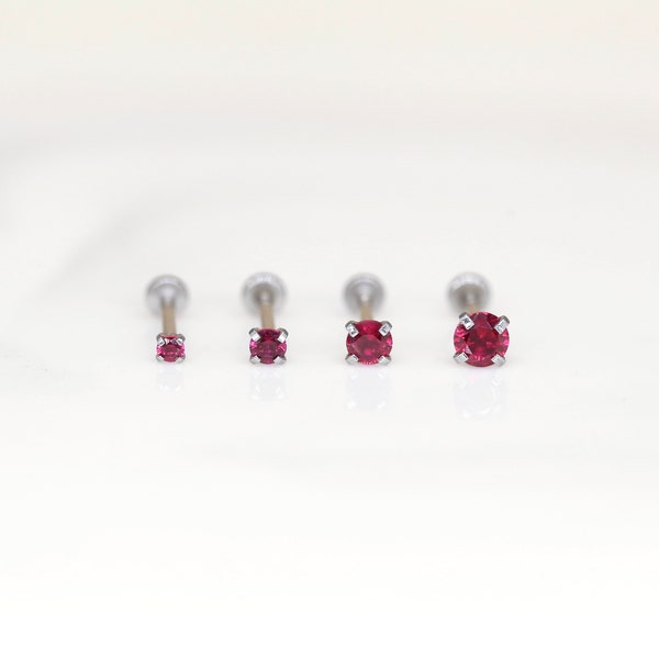 Threadless Stainless Steel Prong CZ Ruby Red Gem Piercing - Tragus/Cartilage/Conch/Forward Helix Piercing - Nose Push Pin Piercing