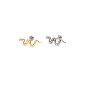 16G Threaded Titanium SNAKE, Small Tragus Labret, Cartilage Stud, Conch Screw back Stud, Flatback Stud, Snake Earring, Gold Helix Earring