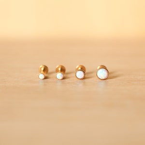 16G Gold Plated Stainless Steel Bezel White Opal 2mm 3mm 4mm Tragus/Helix/Cartilage/Conch Piercing - Flat back stud - Dainty Piercing