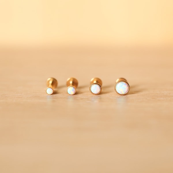 16G Gold Plated Stainless Steel Bezel White Opal 2mm 3mm 4mm Tragus/Helix/Cartilage/Conch Piercing - Flat back stud - Dainty Piercing