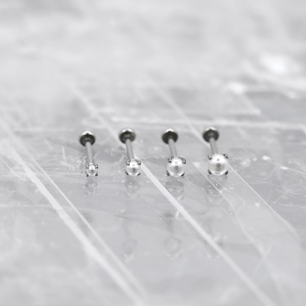 Tiny PEARL Threadless Stainless Steel Earring • Tragus/Cartilage/Conch/Forward Helix Labret • Nose Push Pin Flat back Stud