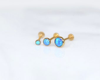 20G/18G/16G Blue Opal Stud, Gold TITANIUM Stud Earring, Tiny Labret Stud, Blue Opal Earring, Nose Tragus Cartilage Conch Helix Push Pin Stud