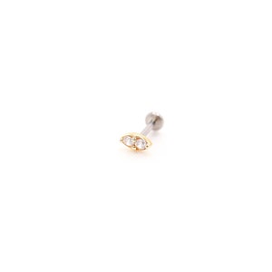 14k Gold Earring Threadless Labret - Marquise 2 Gem Nose/Tragus/Cartilage/Conch/Forward Helix Labret - Dainty Nose Stud - Gold Labret