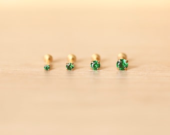 Threadless Gold Plated Stainless Steel PRONG CZ GREEN Gem Piercing - Tragus/Cartilage/Conch/Forward Helix Piercing - Nose Push Pin Piercing