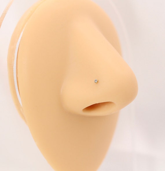 Tiny 14K Gold 1mm Clear Gem Threadless Solid Gold Piercing - Nose/Tragus/Cartilage/Conch/Forward Helix Piercing - Push Pin Piercing