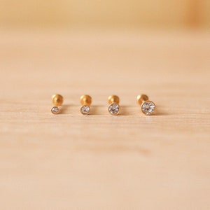 Threadless Gold Plated Stainless Steel BEZEL CZ CLEAR Gem Earring - Nose/Tragus/Cartilage/Conch/Forward Helix Earrings - Push Pin Labret