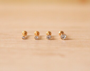 Threadless Gold Plated Stainless Steel BEZEL CZ CLEAR Gem Earring - Nose/Tragus/Cartilage/Conch/Forward Helix Earrings - Push Pin Labret