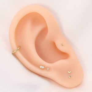 May include: A display of various gold earrings on a mannequin ear. The earrings include a small hoop, a trio of small balls, a small stud, a double-stone oval, a small round stud, and a chevron-shaped earring.