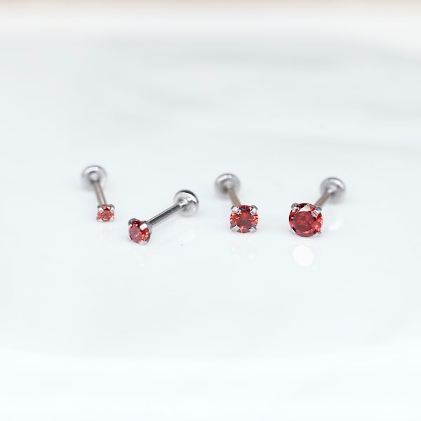 Tiny Tragus Stud • Threadless Labret Stud • Garnet RED Earring - Cartilage/Conch/Forward Helix Earring - tiny Nose Push pin Earring