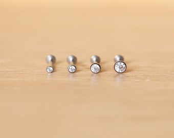 Threadless Implant Grade TITANIUM Bezel CZ CLEAR Gem Piercing - Nose/Tragus/Cartilage/Conch/Forward Helix Piercing - Push Pin Piercing