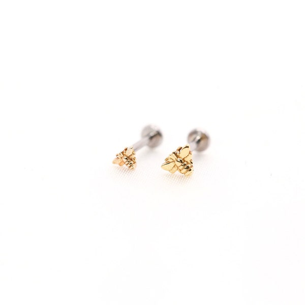 Teeny Tiny 14K Gold BEE Threadless Solid Gold Titanium Post Labret Stud - Nose/Tragus/Cartilage/Conch/Forward Helix Labret Earrings