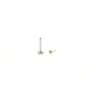 May include: Two pieces of jewelry on a white background. One is a silver-colored post with a textured shaft and a flat, circular base. The other is a small, gold-colored stud with a clear, round gem in the center. The jewelry appears to be body piercings.