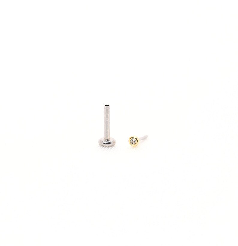 May include: Two pieces of jewelry on a white background. One is a silver-colored post with a textured shaft and a flat, circular base. The other is a small, gold-colored stud with a clear, round gem in the center. The jewelry appears to be body piercings.