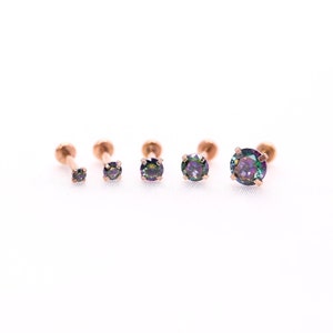 Tiny Dark Rainbow CZ Flat Back Labret Stud • Flat Back Earring • CZ Gem Tragus • Forward Helix • Conch Earring • Cartilage Labret Stud