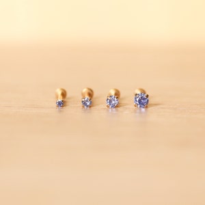 Piercing con gemma colorata TANZANITE CZ placcato oro senza fili da 20G 18G 16G - Piercing trago/conca/elica - Orecchino a perno da naso viola Labret Stud